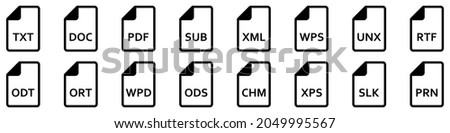 Text file formats icon. Set of line icons of different text documents. Text file documents. Vector illustration.