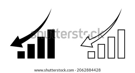 Declining graph icon. Bar chart icon with down arrow. Analytics diagram icon. Vector illustration.