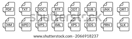 Text file formats icon. Set of line icons of different text documents. Text file documents. Vector illustration.