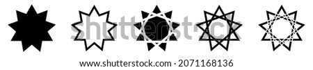 Bahai star. Black linear Baha'i symbols set. Religious symbol of Bahaism. Vector illustration.