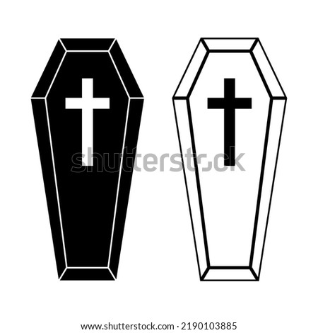 Coffin icons set. Wooden coffin black icon with cross. Coffin isolated symbol. Vector illustration.