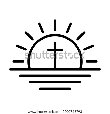 Sunrise icon with cross. Church logo icon. Black vector illustration. Religious symbol