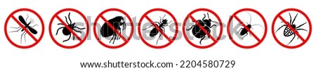 Insect ban signs set. Pest is forbidden. Prohibition of various parasitic insects. Red STOP sign. Vector illustration.