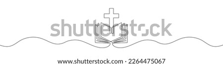 Continuous one line drawing silhouette of Bible. Bible linear icon. One line drawing background. Vector illustration. Line art of Bible