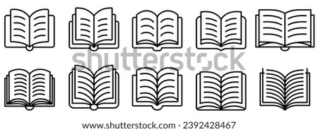 Open book icon. Set of book icons in line art style. Black outlines of various book designs on a white background. Vector illustration