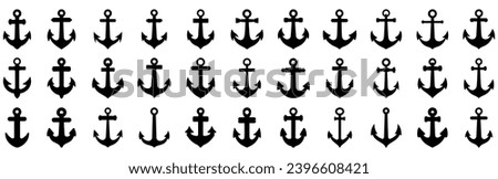 Anchor icon. Various shapes of anchors. Set of black anchor icons. Anchor silhouette. Vector illustration.