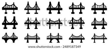 Bridge icons set. Collection of simple black bridge icons representing different architectural designs. Vector illustration