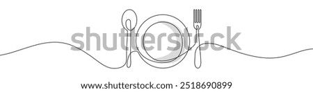 Continuous line drawing of plate with fork and spoon . Single line drawing of a silhouette of a cutleries. Line art of plate with fork and spoon