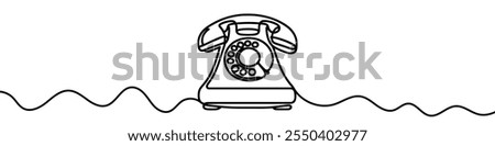 One continuous line illustration of a rotary phone, isolated on white background. Line art of rotary phone