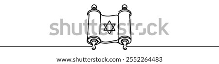 Continuous line drawing of torah scroll with star of david symbolizing jewish faith and traditions