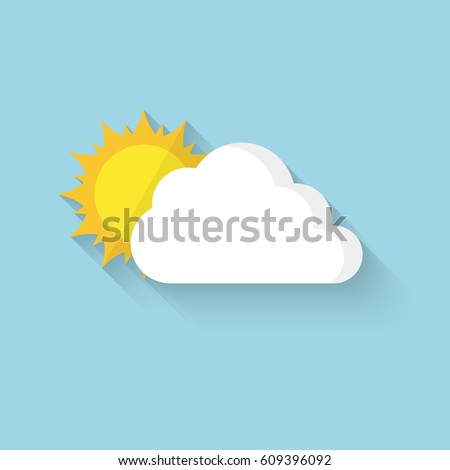 Flat sun behind cloud. Vector illustration. Sun hiding behind the cloud with long shadow.