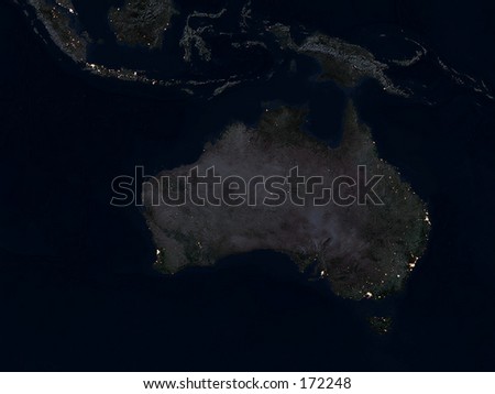 Real looking Earth map.  Australia in the center, night. Map is accurate and right, like in reality.