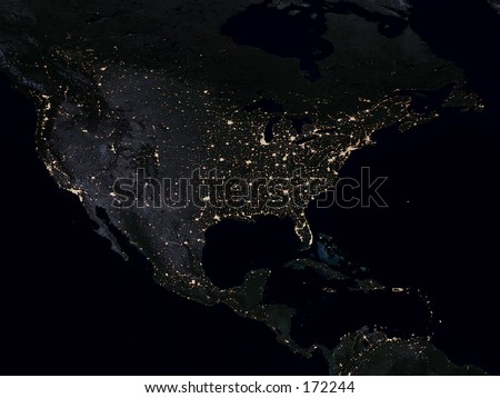 Real looking Earth map.  North America in the center, night. Map is accurate, like in reality.