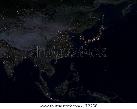 Earth map.  Asia in the center, night, lights of cities. Map is accurate, like in reality.