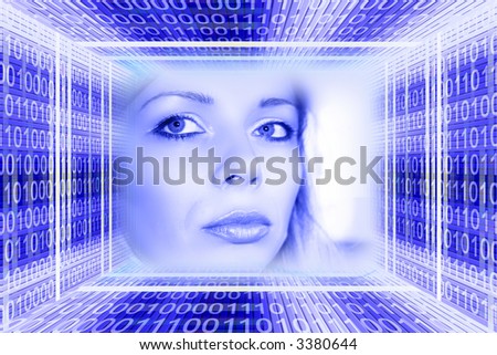 Digital technologies concept: a luminous girl in the binary cone tunnel