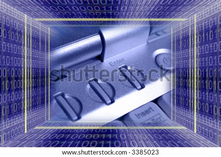 Information technology background. Binary code tunnel and laptop keyboard close-up