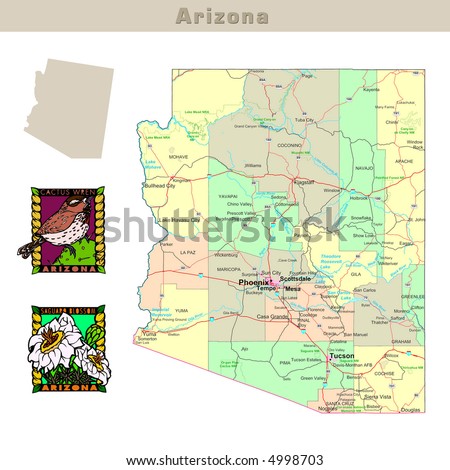 Usa States Series: Arizona. Political Map With Counties, Roads, State'S ...