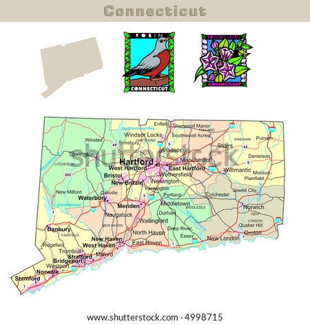 Usa States Series: Connecticut. Political Map With Counties, Roads ...