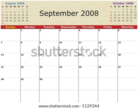 Monthly calendar for September, 2008, with previous and next months