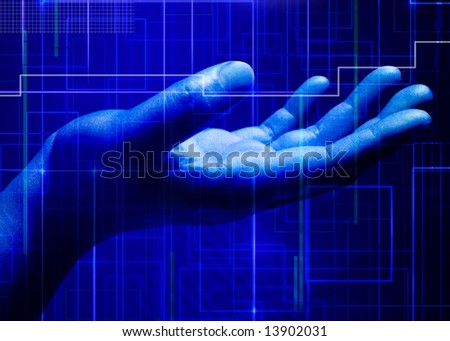 Abstract business and information technologies background with a hand