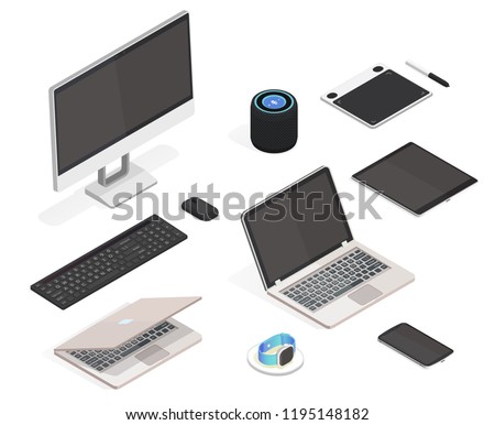 Modern isometric set. Thin laptop, all in one computer, graphic tablet, smart watch, wireless charger, speaker, keyboard with screen and mouse, smartphone isolated icon on white background.
