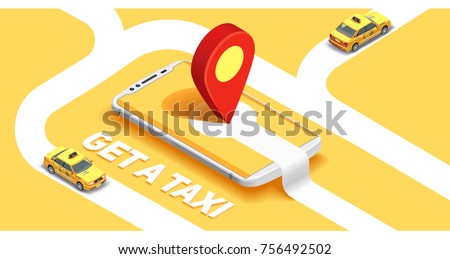 Taxi banner isometric. Online mobile application order taxi service horizontal illustration. Flat 3d vector isometric high quality