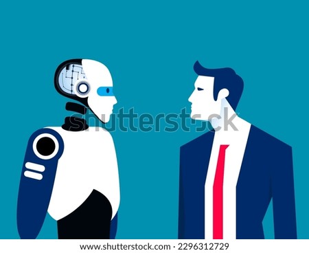 The human and anroid look in each other eyes. Human vs artificial intelligence concept