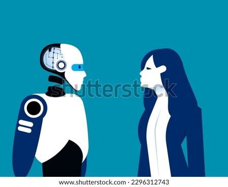 The human and anroid look in each other eyes. Human vs artificial intelligence concept