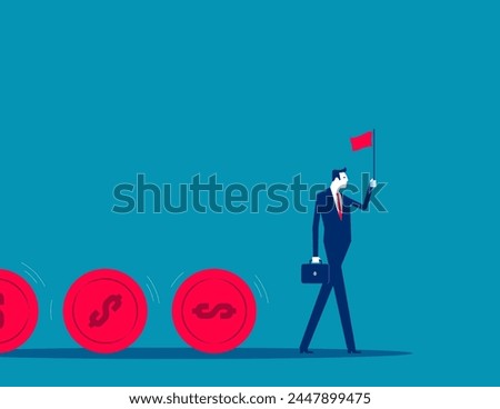Investor holding flag control flow of money coins. Investment fund flow

