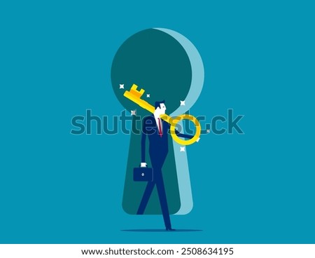 Success secret key discovery, job offer or career opportunity, unlock key to solve problem, leadership key success concept, businessman open door from keyhole to offer secret golden unlock key.