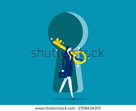 Success secret key discovery, job offer or career opportunity, unlock key to solve problem, leadership key success concept, businessman open door from keyhole to offer secret golden unlock key.