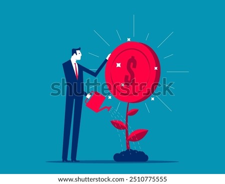 Businessman investor finish watering growing money plant seedling with coin flower. Increase earning profit and capital gain, success in wealth management. Financial or investment growth concept