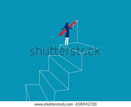 Businesswoman drawing outline of steps with pen. Concept business vector illustration.