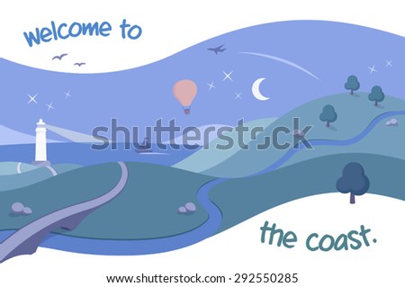Welcome to the Coast - A simple and beautiful vector landscape with rolling hills and the ocean at night.