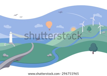 Landscape Scene with Ocean and Wind Farm - A simple and beautiful illustration in a clean and flat style with a retro touch. Great for themes of renewable energy, travel and tourism.