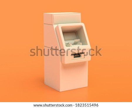white plastic Automated Teller Machine or ATM machine in yellow orange background, flat colors, single color banking machine, 3d rendering, public banking machine