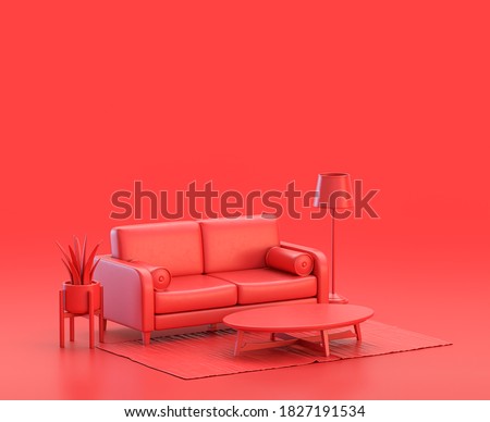 miniature interior room with sofa in red background, monochrome single color red 3d Icon, 3d rendering