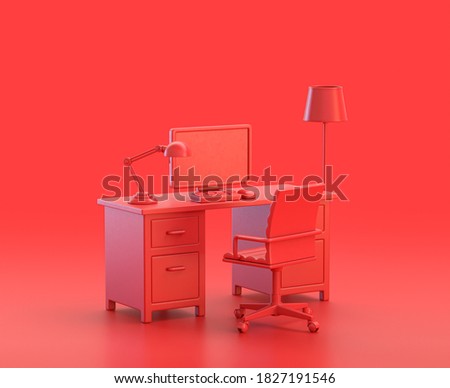 office room with desk, computer and chair in red background, monochrome single color red 3d Icon, 3d rendering