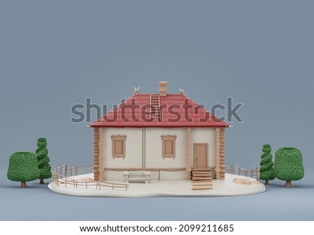 Real estate property, single village house with trees, miniature house model white and red colors, 3d Rendering, hi-res, nobody Stock fotó © 