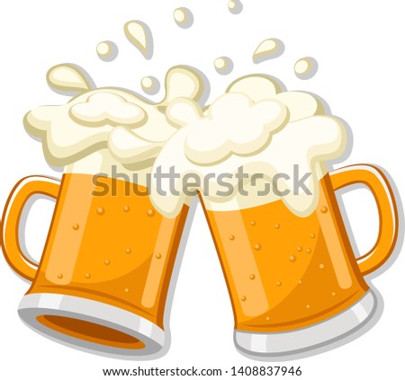 Two glasses of beer clink together on a white background. Alcoholic beverage