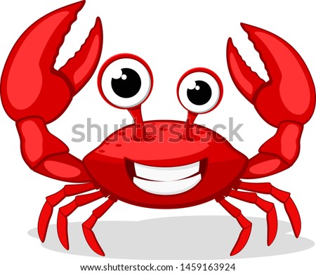 Crab character smiling with big claws on white.