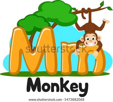 Alphabet with animals, the letter M monkey on a branch with a banana in his hand on a white. Preschool education.