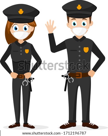 Police man and woman in uniform and medical mask. Character