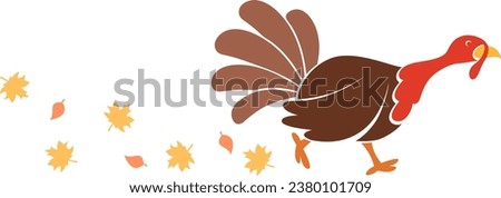 Turkey bird silhouette runs with autumn leaves on a white background. Thanksgiving Day