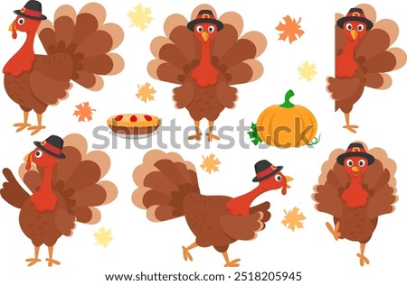 Thanksgiving turkey bird set, in different poses close-up on a white background. Happy Thanksgiving