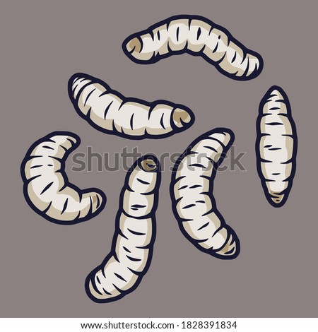 Set of illustrations of maggots worms for halloween design. Scary insect larvae. October party banner, poster or postcard