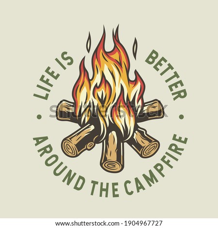 Camp burning campfire with flame for camping design or t-shirt print