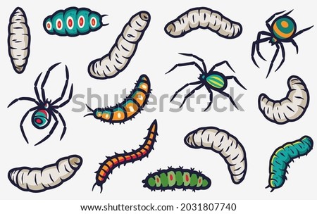 Halloween sticker with spider and worm for children holiday. Creepy larvae of maggot. Horror insect for spiderweb design. Spooky web tarantula for dark halloween party