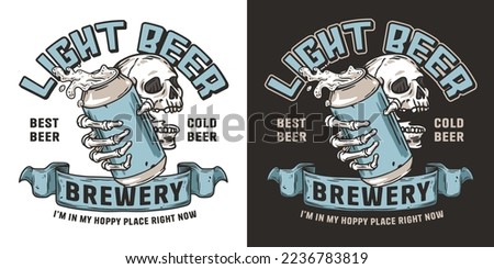 Beer skull and metal can with foam splash. Skeleton with beer can in bone hand for brewery or bar. Craft beer vector logo or emblem for label design of tin for pub and beer store.