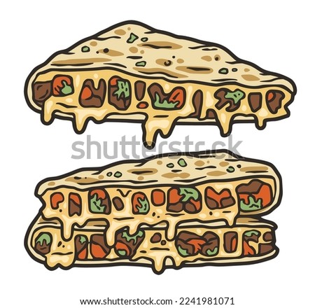 Quesadilla vector with cheese and vegetable for design of logo or emblem. Traditional mexican fast food. Quesadillas Mexico food with tortilla and meat for poster or banner.